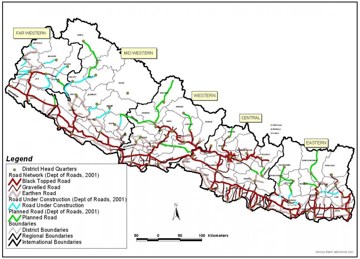 Mapa de carreteras de nepal con los distritos