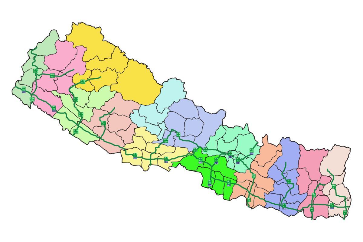 Mapa de nepal con las principales autopistas