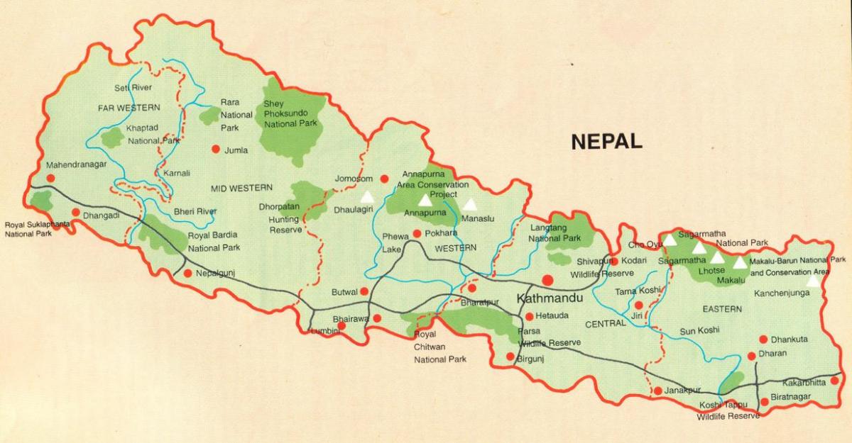 mapa de nepal, con lugares de interés turístico