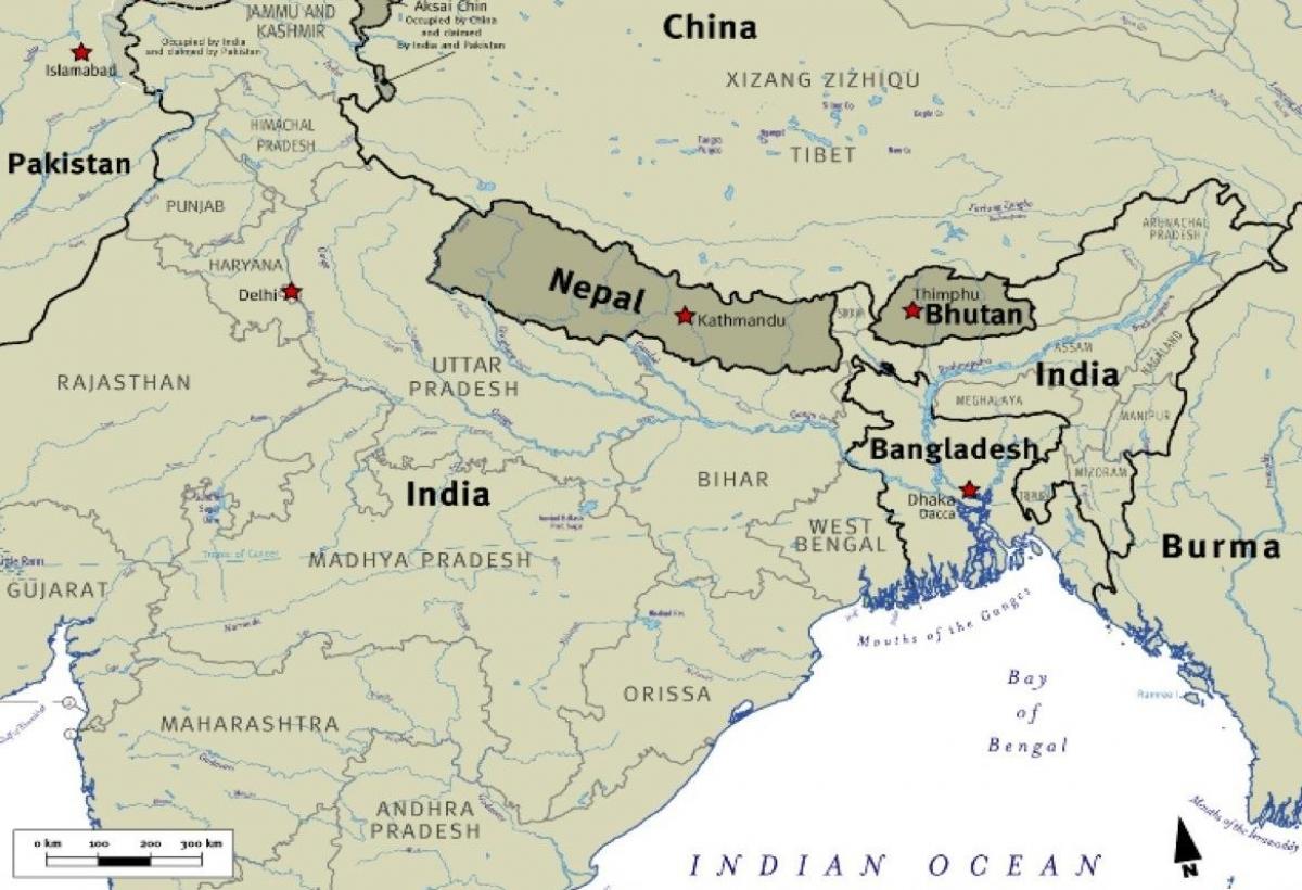 mapa de bhután nepal y el tíbet