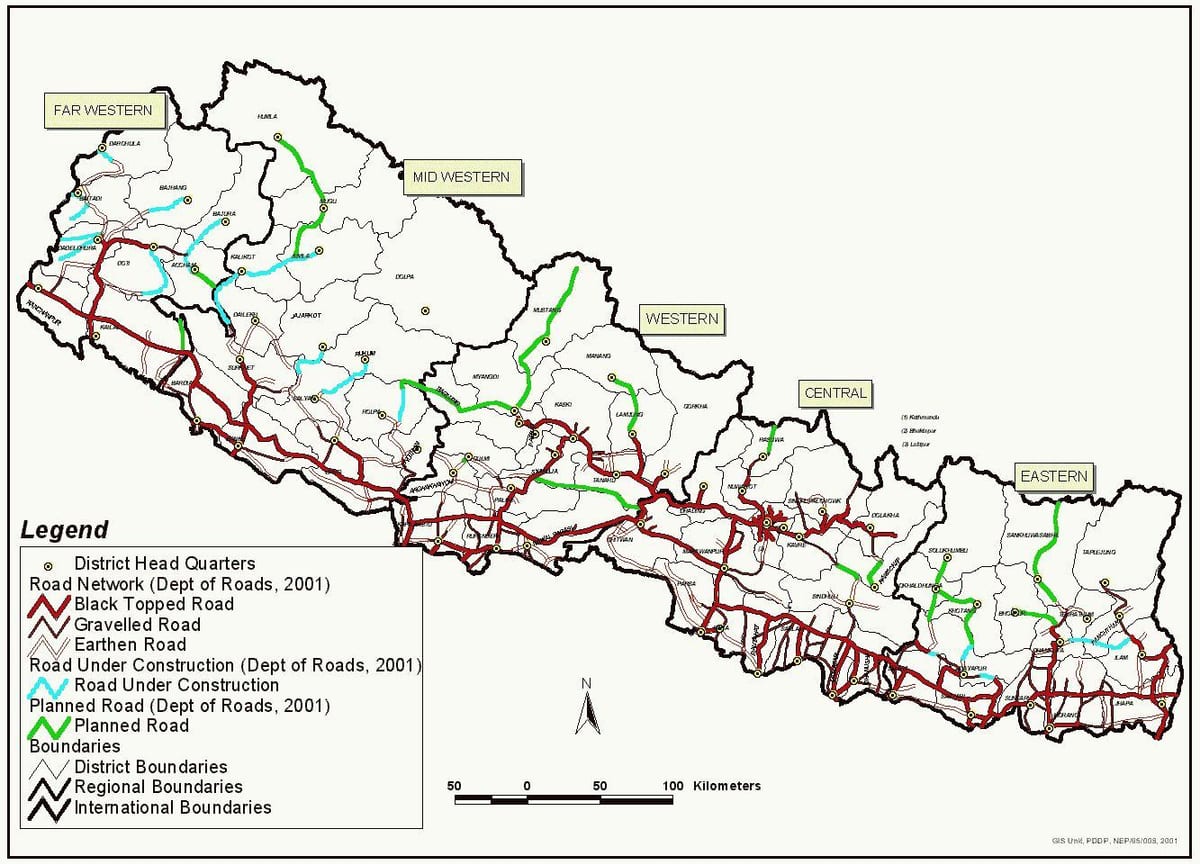 nepal mapa con la carretera