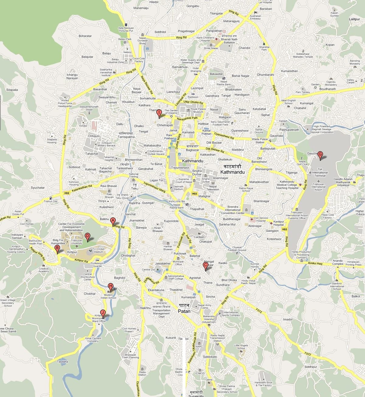 Mapa de katmandú, nepal