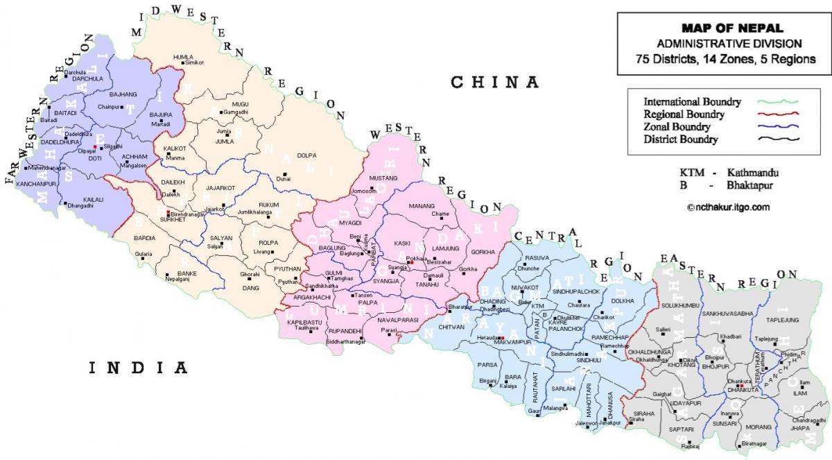 nepal mapa político con los distritos