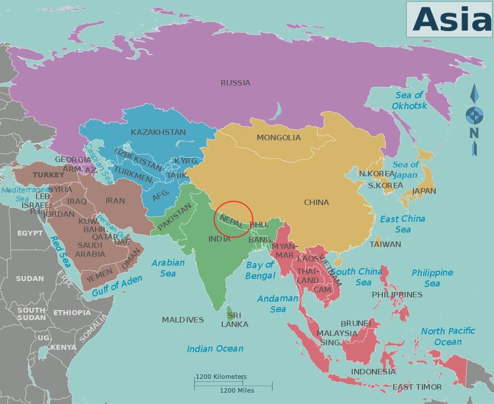 mapa de nepal y los países vecinos