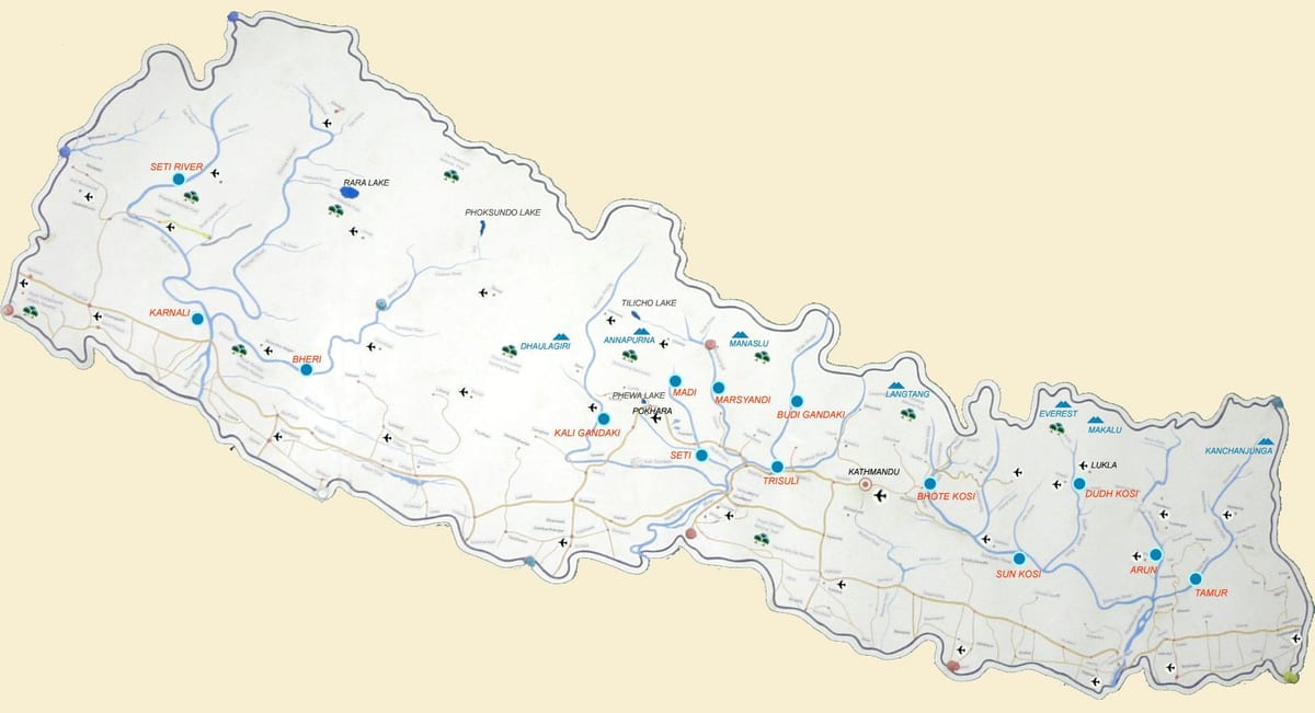 mapa de nepal mostrando los ríos
