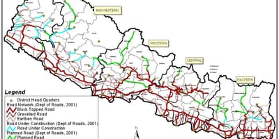 Mapa de carreteras de nepal con los distritos