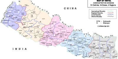 Nepal mapa político con los distritos