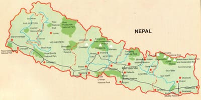 Mapa de nepal, con lugares de interés turístico